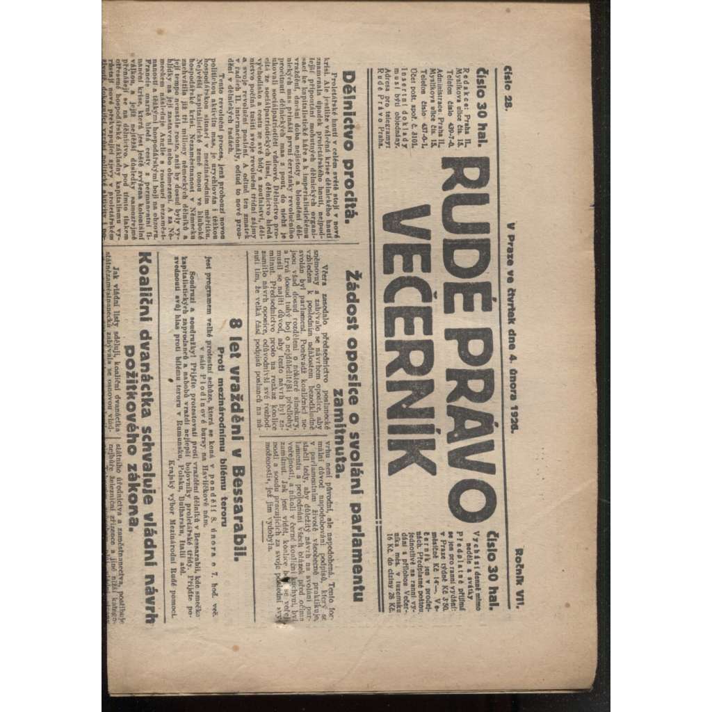Rudé právo - večerník (4.2.1926) - 1. republika, staré noviny
