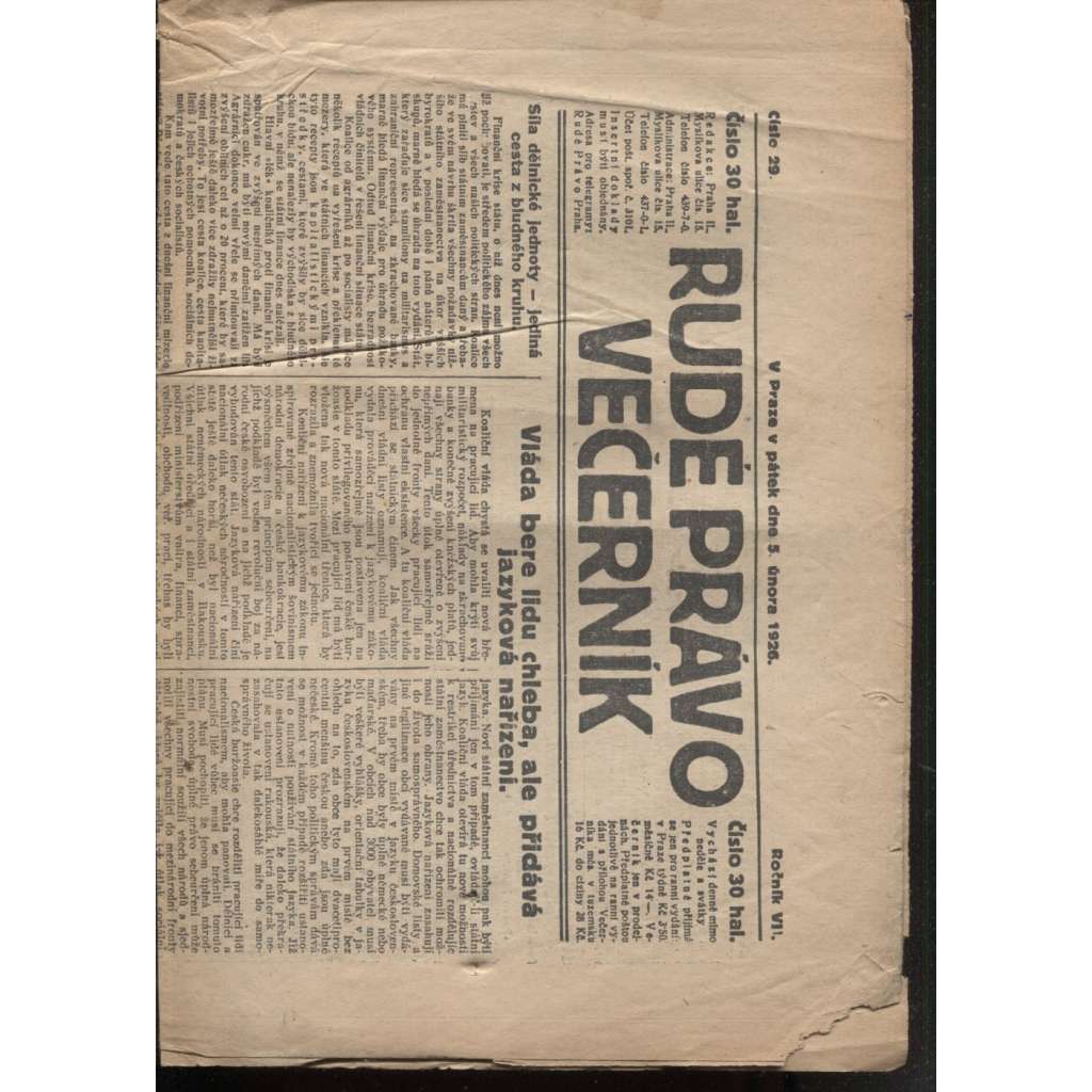 Rudé právo - večerník (5.2.1926) - 1. republika, staré noviny