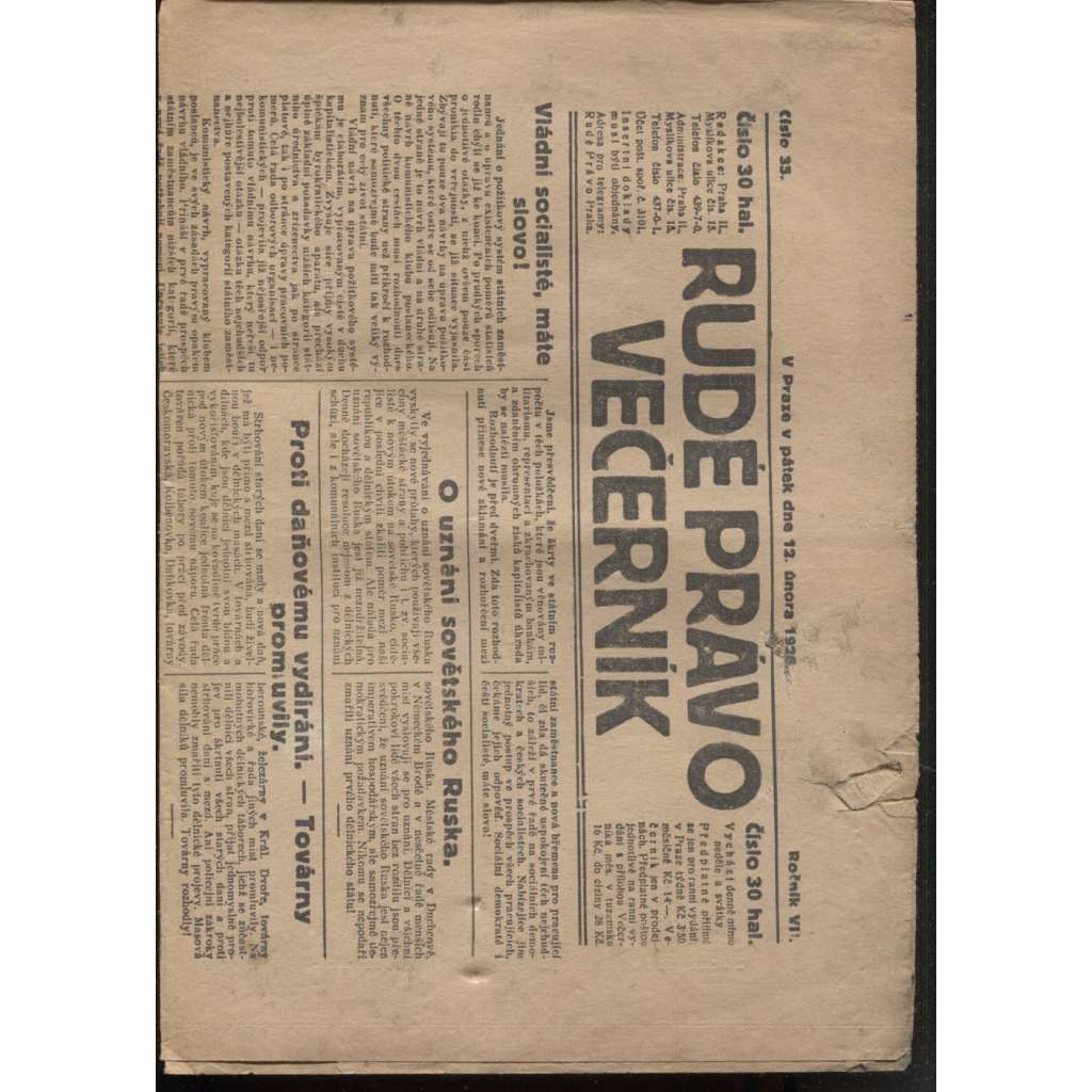 Rudé právo - večerník (12.2.1926) - 1. republika, staré noviny