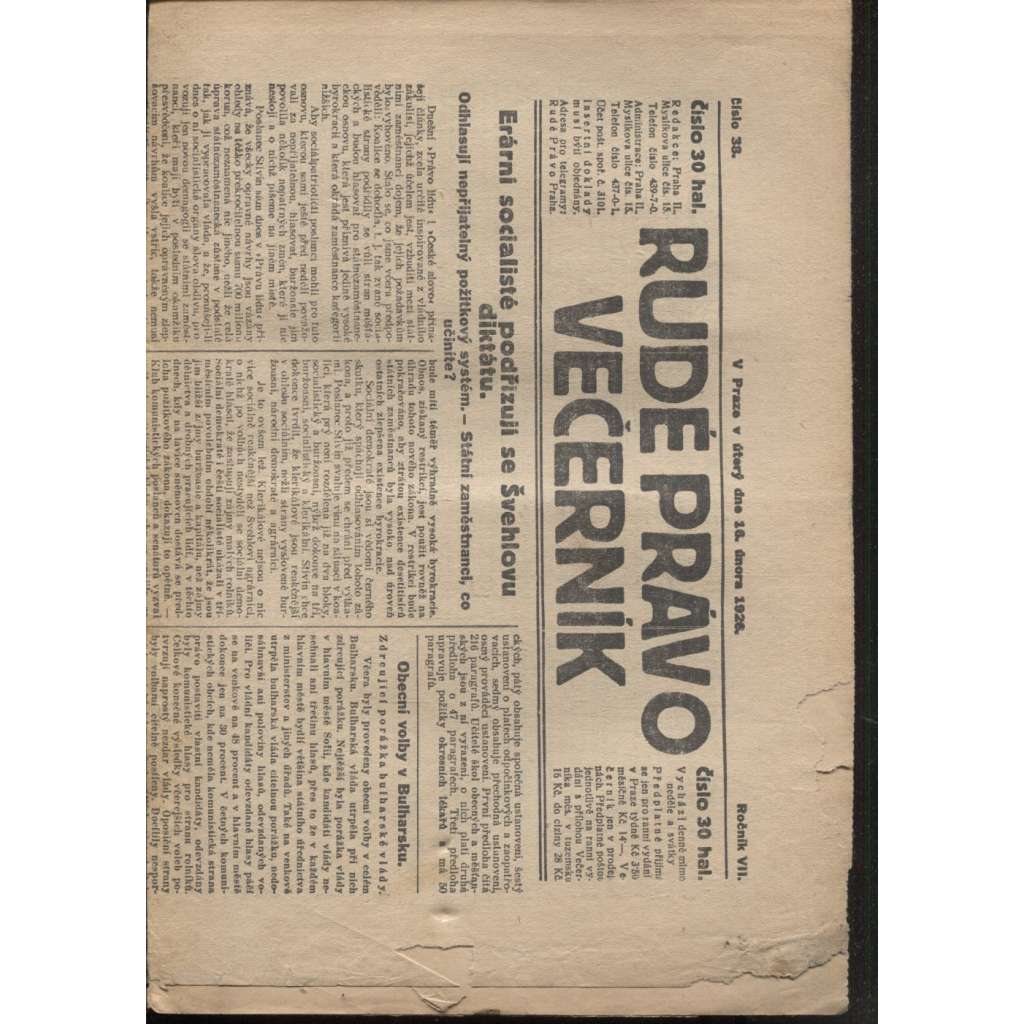 Rudé právo - večerník (16.2.1926) - 1. republika, staré noviny
