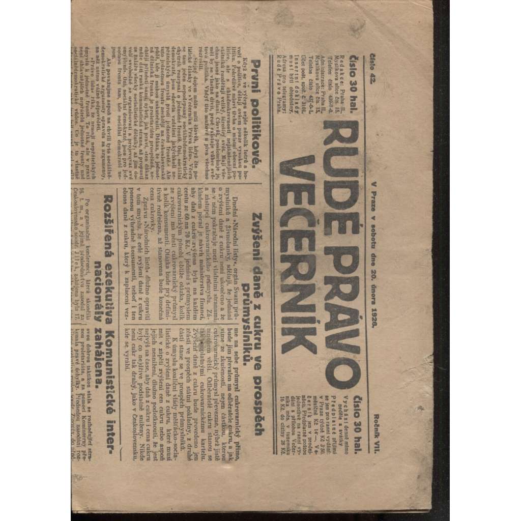 Rudé právo - večerník (20.2.1926) - 1. republika, staré noviny