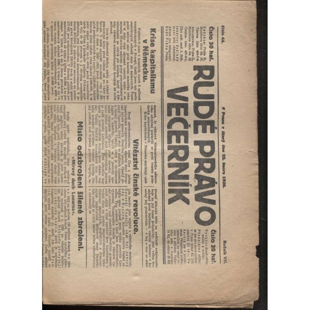 Rudé právo - večerník (23.2.1926) - 1. republika, staré noviny