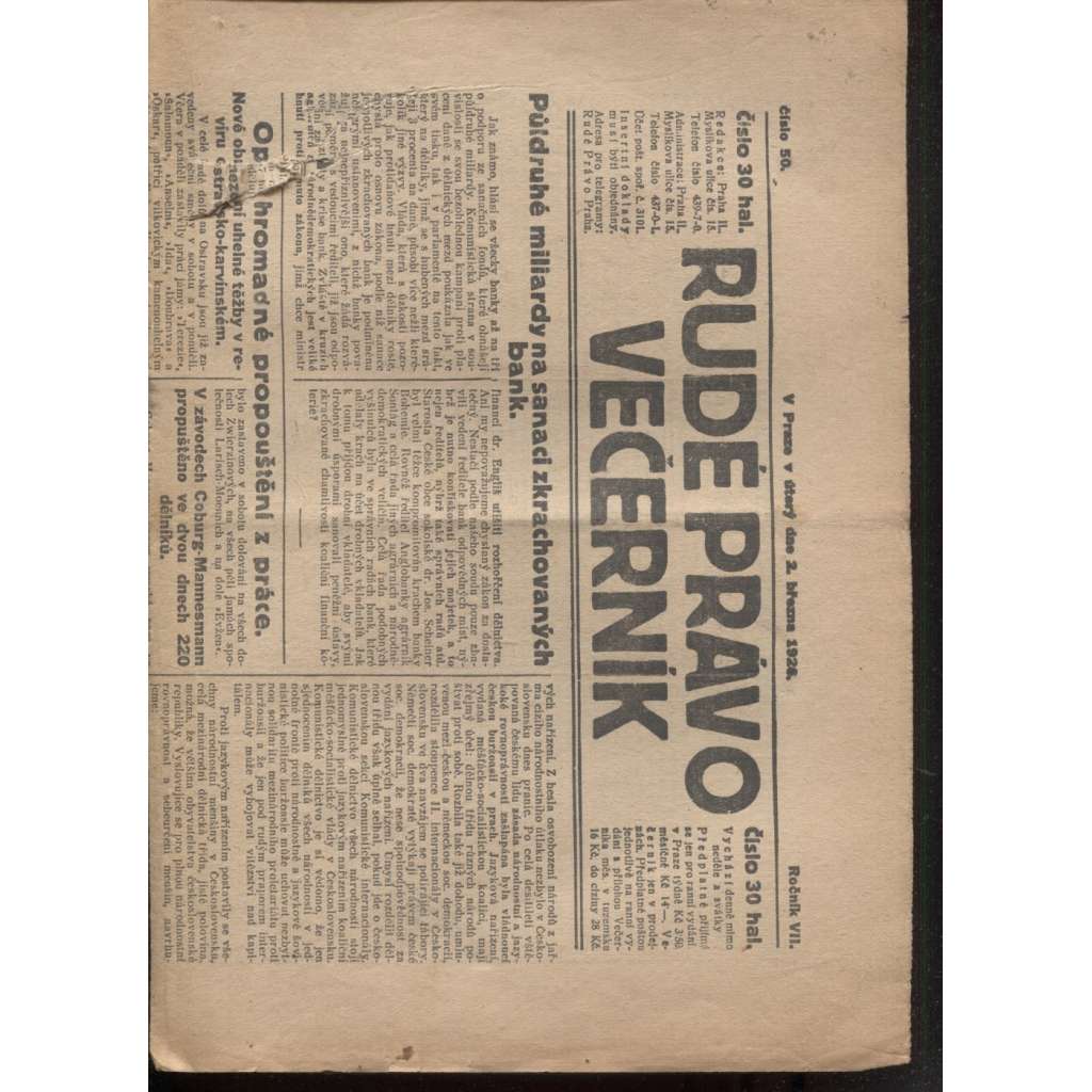 Rudé právo - večerník (2.3.1926) - 1. republika, staré noviny