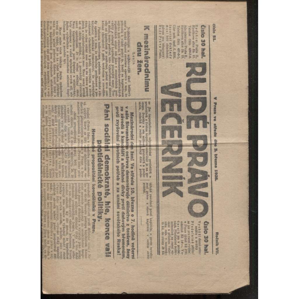 Rudé právo - večerník (3.3.1926) - 1. republika, staré noviny