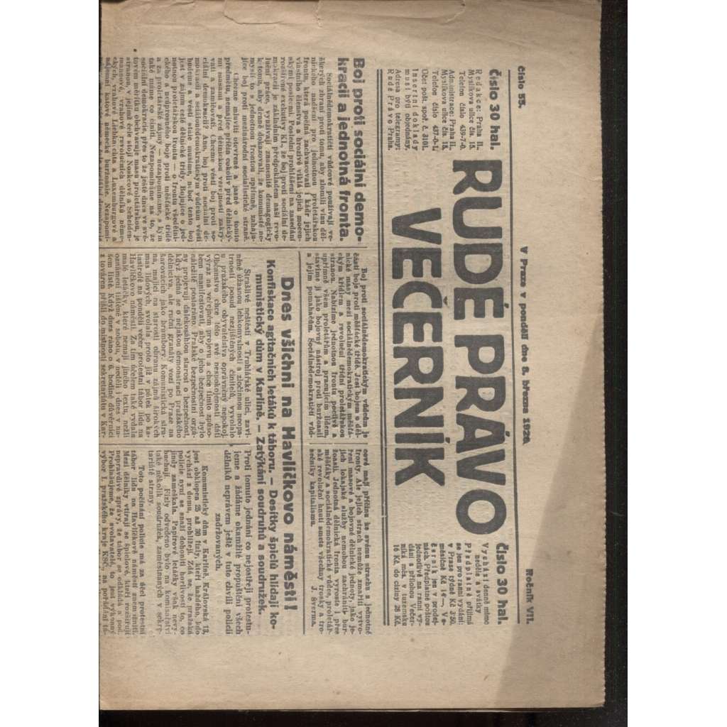 Rudé právo - večerník (8.3.1926) - 1. republika, staré noviny