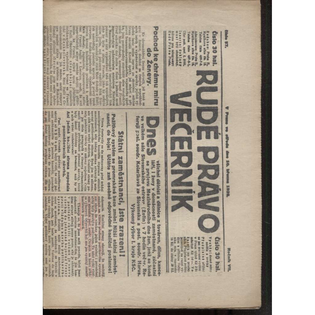 Rudé právo - večerník (10.3.1926) - 1. republika, staré noviny