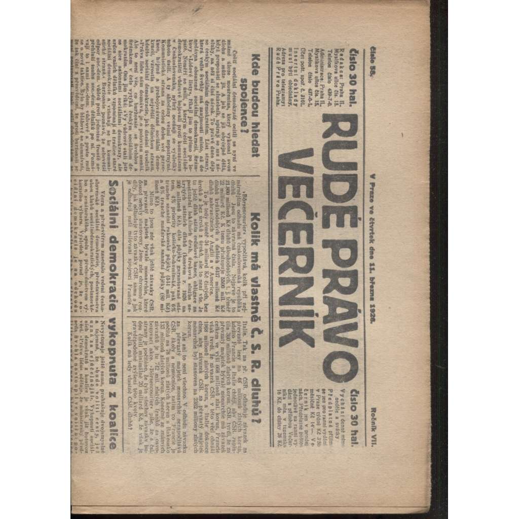 Rudé právo - večerník (11.3.1926) - 1. republika, staré noviny