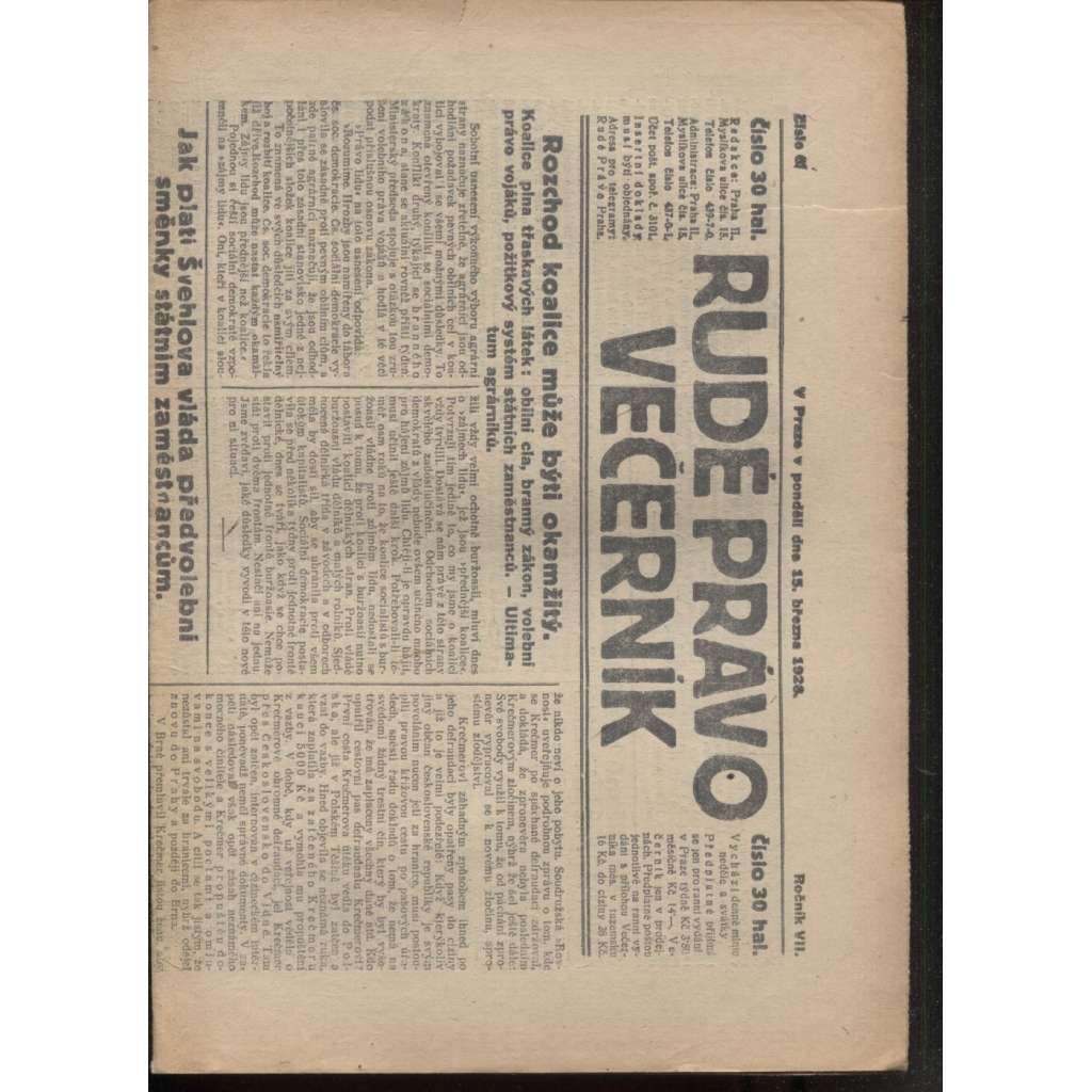 Rudé právo - večerník (15.3.1926) - 1. republika, staré noviny
