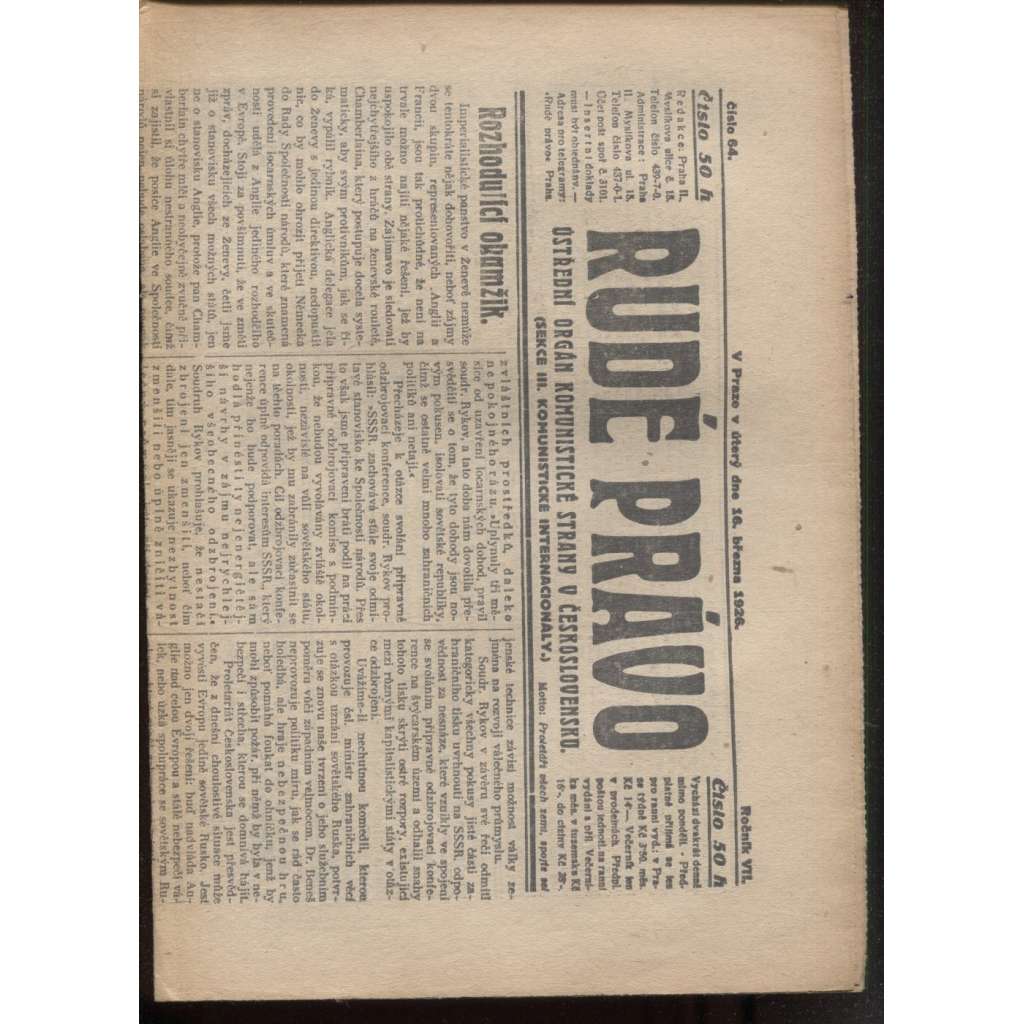 Rudé právo (16.3.1926) - 1. republika, staré noviny