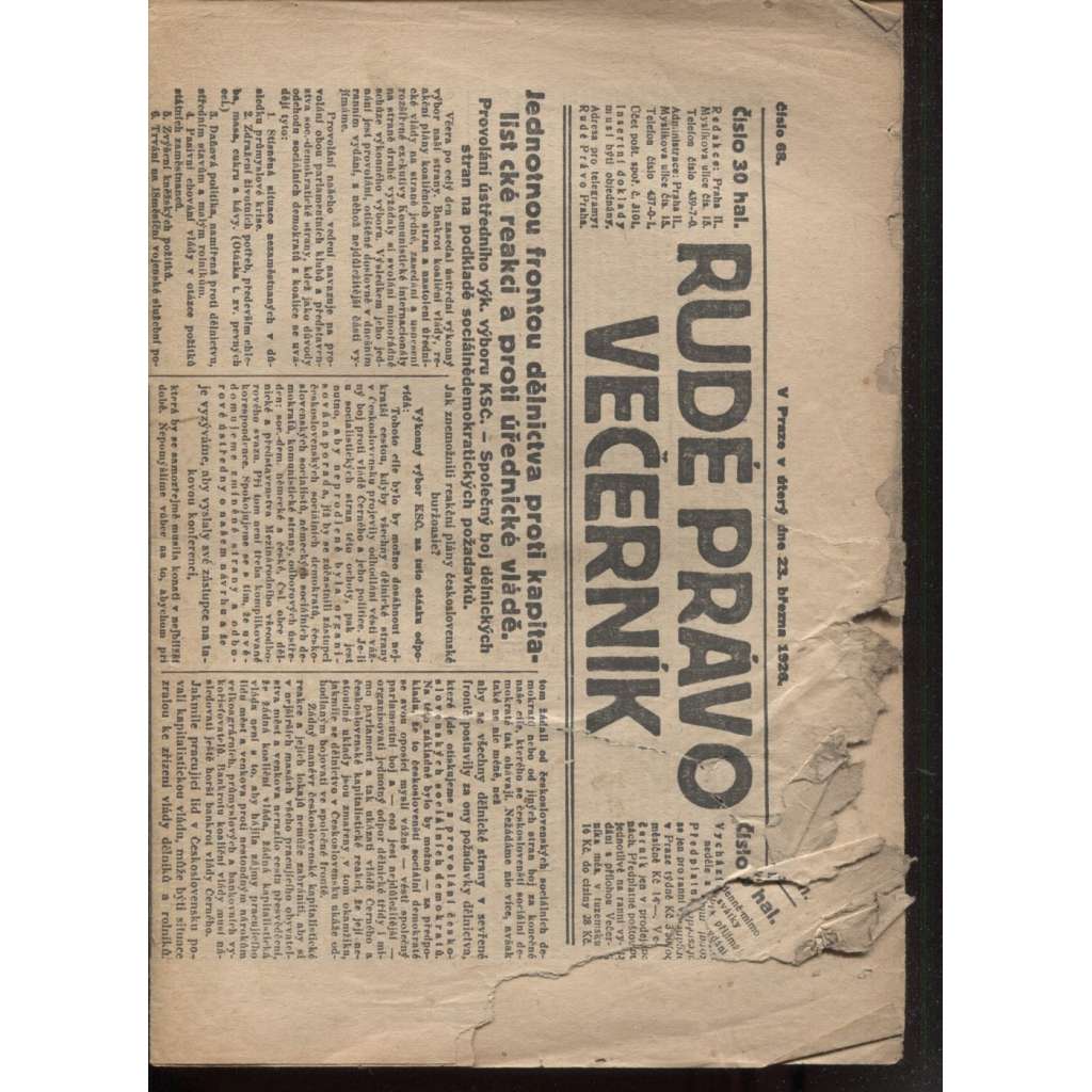 Rudé právo - večerník (23.3.1926) - 1. republika, staré noviny (pošk.)