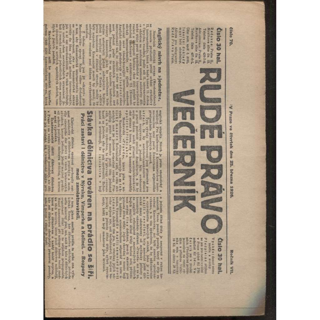 Rudé právo - večerník (25.3.1926) - 1. republika, staré noviny