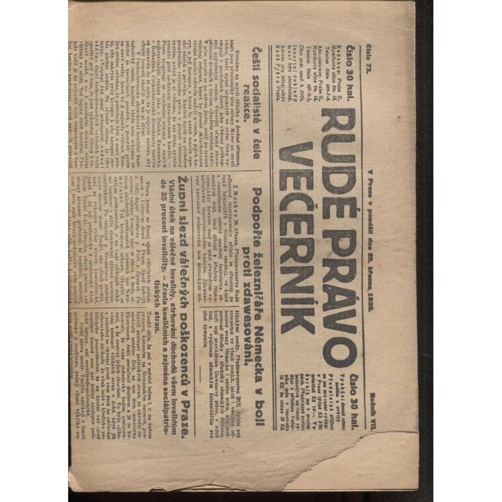 Rudé právo - večerník (29.3.1926) - 1. republika, staré noviny