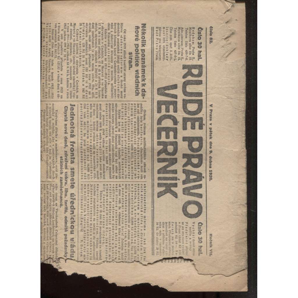 Rudé právo - večerník (9.4.1926) - 1. republika, staré noviny (pošk.)