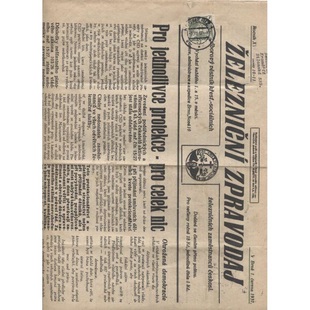 Železniční zpravodaj (1.6.1937) - staré noviny, železnice