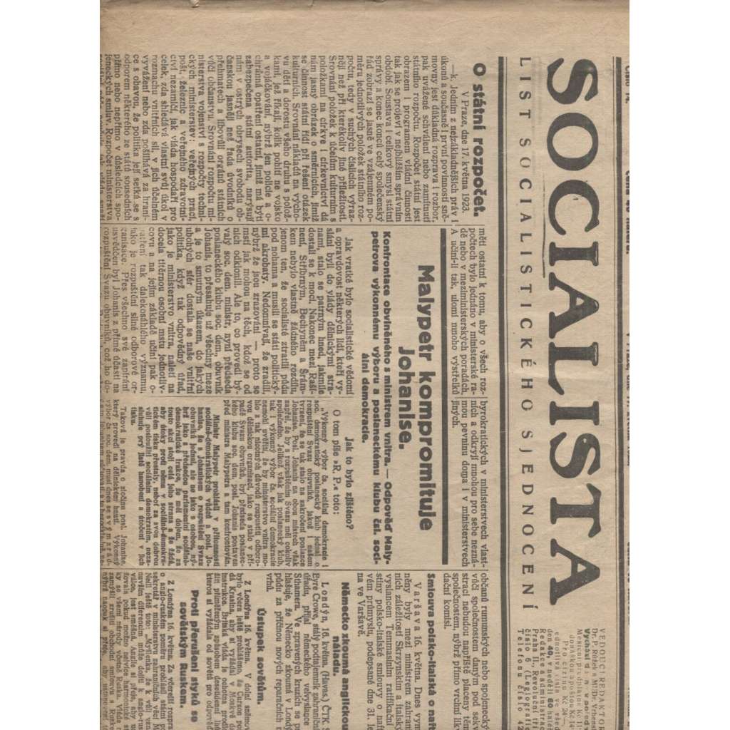 Socialista (17.5.1923) - staré noviny, 1. republika