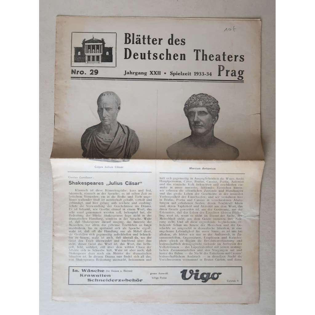 Blätter des Deutschen Theaters Prag, Nro. 29, Jahrgang XXII, Spielzeit 1933-34 [Nové německé divadlo v Praze, Státní opera Praha, noviny a časopisy, Theaterzeitung]