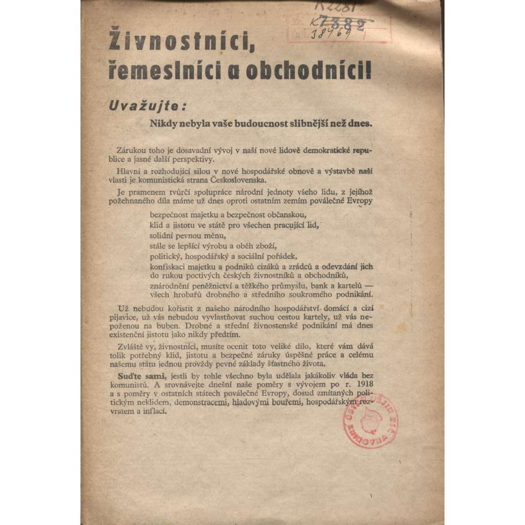Předvolební leták KSČ 1946. Živnostníci, řemeslníci a obchodníci (komunistická literatura)