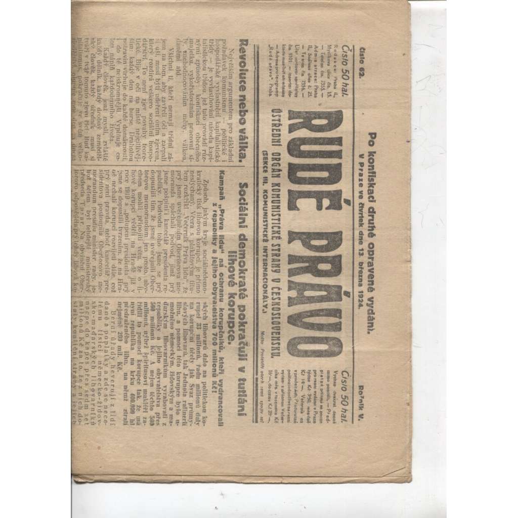 Rudé právo (13.3.1924) - 1. republika, staré noviny