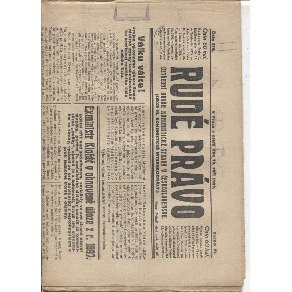 Rudé právo (19.9.1922) - 1. republika, staré noviny