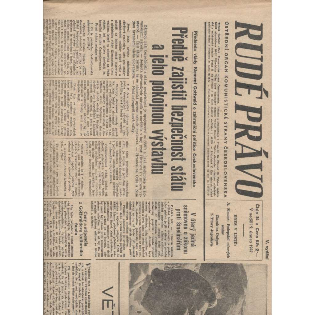 Rudé právo (9.2.1947) staré noviny