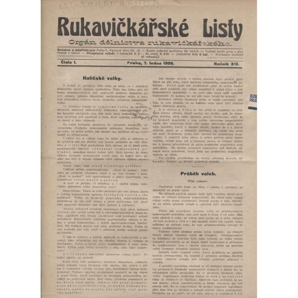 Rukavičkářské listy, ročník XIII., číslo 1, 4, 7, 8, 10, 14, 16, 17, 20 a 23/1909 (Orgán dělnictva rukavičkářského) - staré noviny