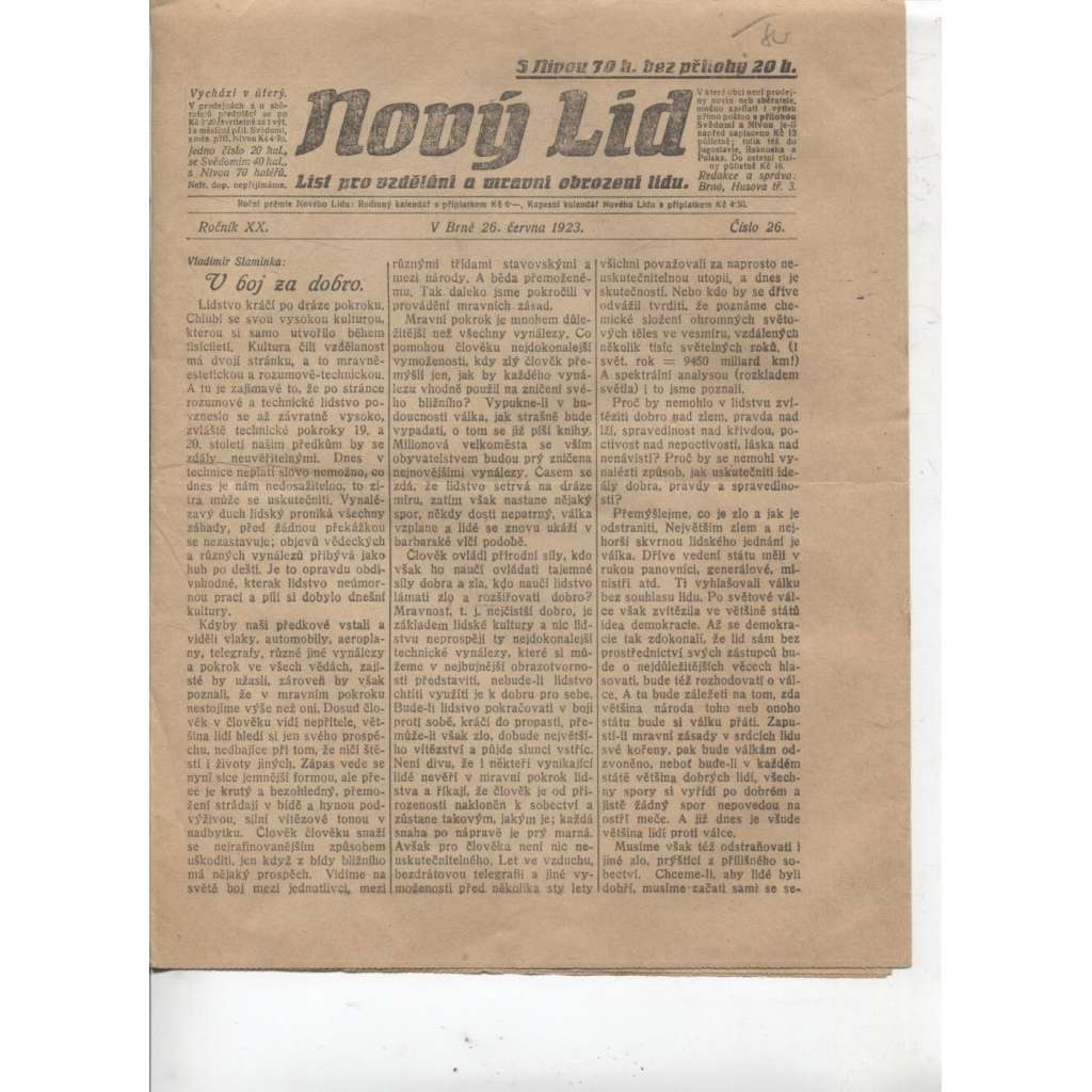 Nový lid, ročník XX./1923. List pro vzdělání a mravní obrození lidu (26.7.1923)