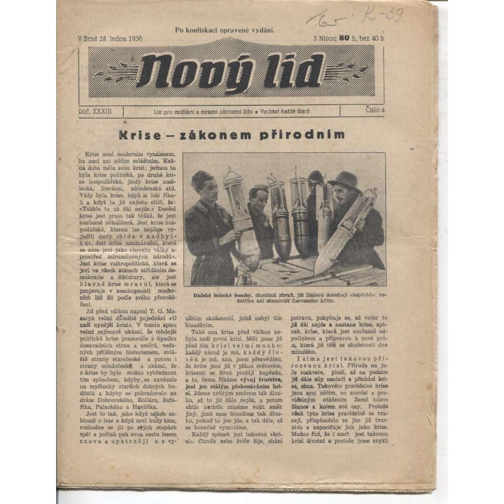 Nový lid, ročník XXXIII., číslo 4/1936. List pro vzdělání a mravní obrození lidu (28.1.1936) - staré noviny, 1. republika