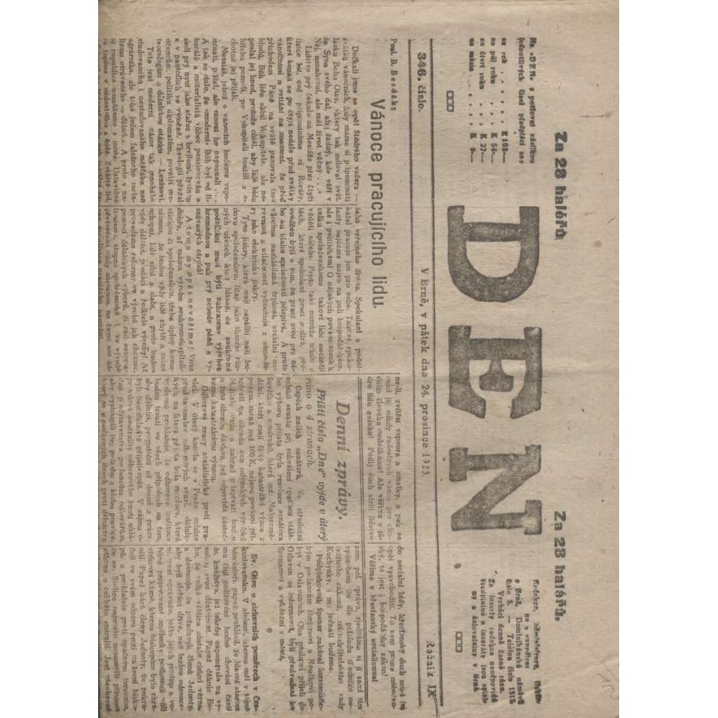 Den (24.12.1920) - staré noviny, 1. republika