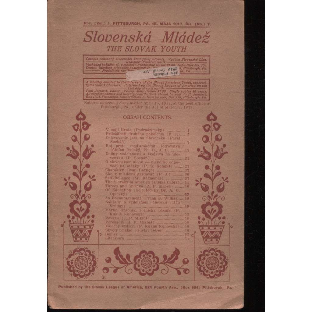 Slovenská mládež, ročník I., číslo 7/1917. Mesačník slovenské študujúcej mládeže (časopis, text slovensky a anglicky) - Krajani