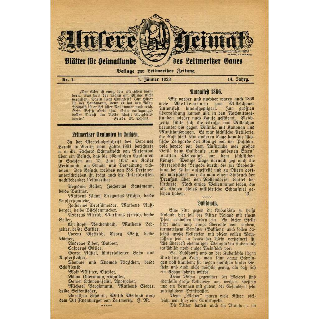 Unsere Heimat, roč. 14, 1933, č. 1-12 [Litoměřice; Leitmeritz; Litoměřicko; historie; dějiny; vlastivěda; Sudety]