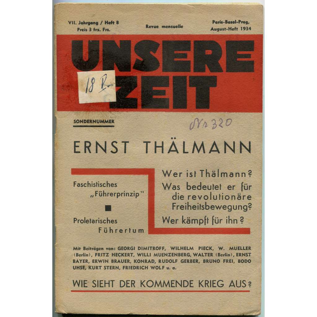 Unsere Zeit [Der rote Aufbau], roč. 7, 1934, č. 8 [komunismus; antifašismus; KPD; Německo; časopis; Ernst Thälmann]
