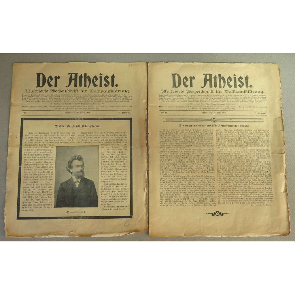 Der Atheist, roč. 4, 1908, č. 17 a 19 [volná myšlenka; ateismus; sociální demokracie; časopis; Německo]