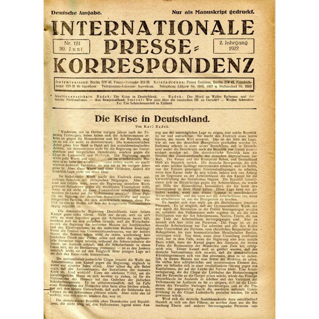 Internationale Presse-Korrespondenz, roč. 2/2, 1922 [Inprekorr; Kominterna; Komunistická internacionála; komunismus]