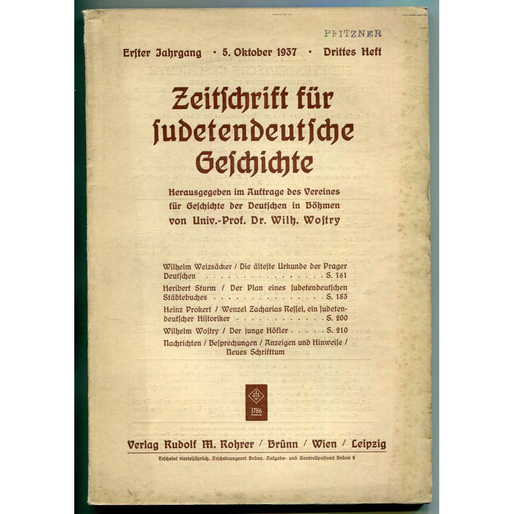 Zeitschrift für sudetendeutsche Geschichte, Erster Jahrgang, Drittes Heft, 5. Oktober 1937 [Časopis pro sudetoněmecké dějiny, Sudetští Němci, historie]