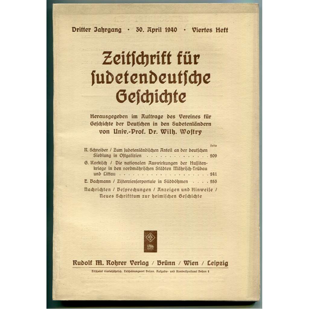 Zeitschrift für sudetendeutsche Geschichte, Dritter Jahrgang, Viertes Heft, 30. April 1940 [Časopis pro sudetoněmecké dějiny, Sudetští Němci, čeští Němci, historie]