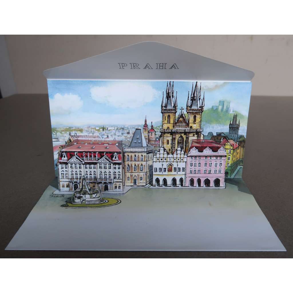 Praha – Staromětské náměstí – východní fronta  - prostorová pohlednice (Týnská škola, Týnský chrám, dům U Kamenného zvonu, palác Kinských / Prague – Old Town Square / Prag – Altstädter Ring)