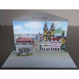 Praha – Staromětské náměstí – východní fronta  - prostorová pohlednice (Týnská škola, Týnský chrám, dům U Kamenného zvonu, palác Kinských / Prague – Old Town Square / Prag – Altstädter Ring)