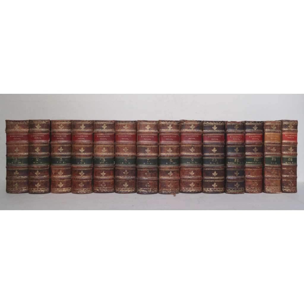 Allgemeine deutsche Real-Encyclopädie für die gebildeten Stände (Conversations-Lexicon), 10 Bände + Neue Folge, 2 Bände in 4 Büchern [lexikon, slovník, encyklopedie Brockhaus,  knihy 19. století, vazba kůže - polokožená]