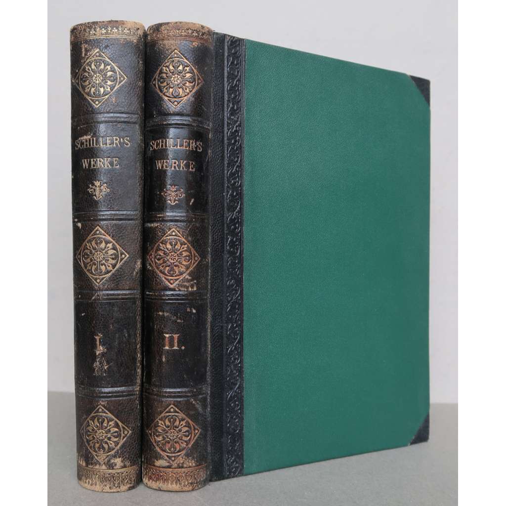 Schiller's Werke. Neue Prachtausgabe in zwei Bänden [Friedrich Schiller - dílo, próza, drama, německá klasická literatura, vazba kůže - polokožená] 2 svazky
