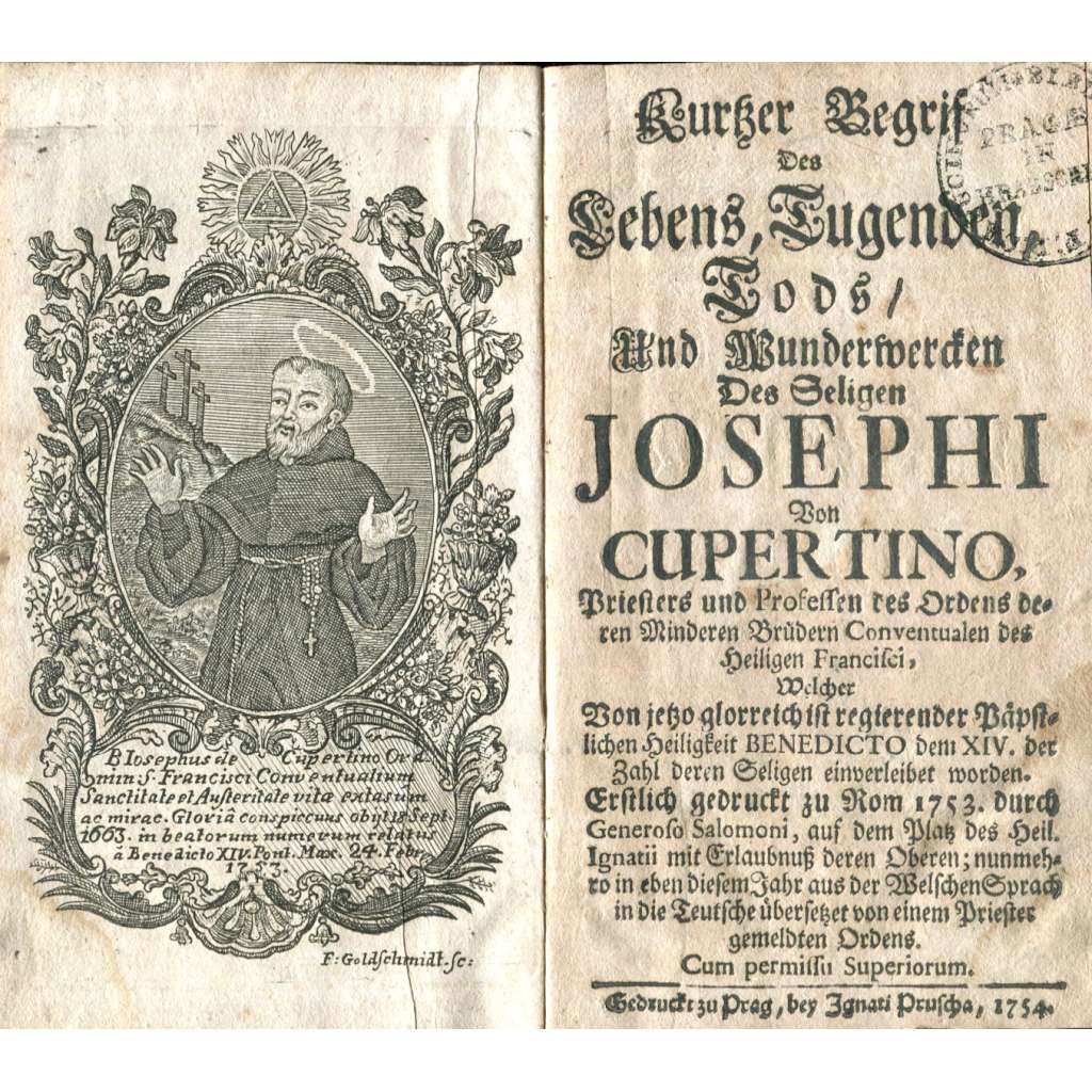 Kurzer Begriff Des Lebens ... Des Seligen Josephi Von Cupertino [1754; františkáni; minorité; rytina; Josef Kopertinský, Kupertinský]