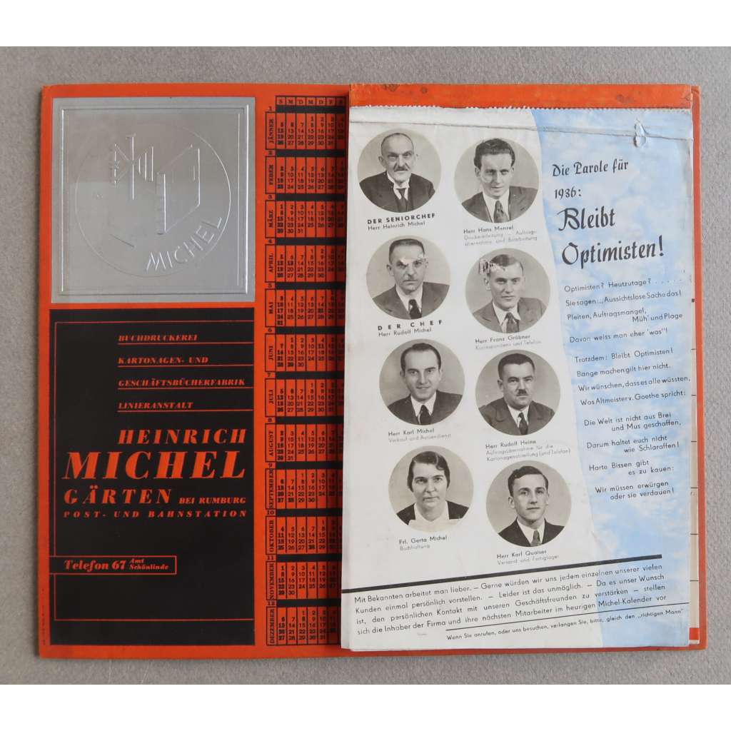 Tischkalender der Firma Heinrich Michel für das Jahr1936 [reklamní kalendář tiskárny Heinrich Michel, Zahrady u Rumburka, Krásná Lípa, o. Děčín]
