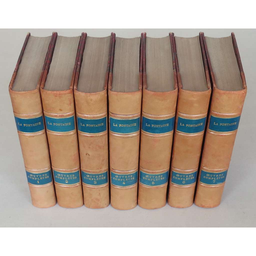 Oeuvres complètes de La Fontaine, sv. 1-7 [1872-1876; dílo; sebrané spisy; bajky; hry; grafika; rytiny; vazba; kůže]