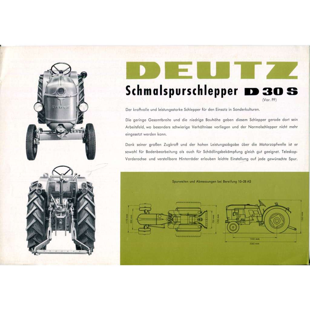 Deutz Schmalspurschlepper D30 S (Var. PF) [zemědělská technika, německé traktory značky Deutz, KHD, Deutz D-Serie, staré prospekty, reklamní materiál, oldtimer traktory]