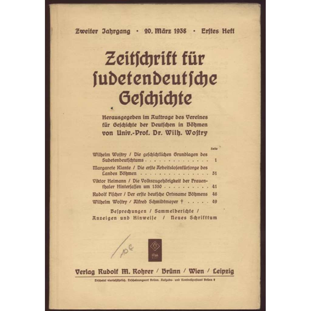 Zeitschrift für sudetendeutsche Geschichte; Zweiter Jahrgang, Erstes Heft, 20. März 1938	[Sudety, dějiny, časopis]