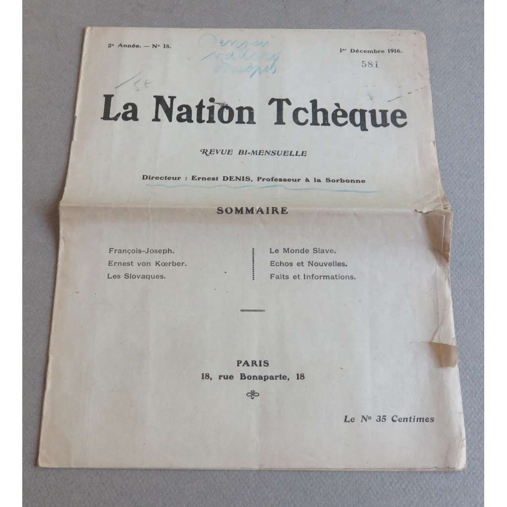 La Nation Tchèque. Revue bi-mensuelle; 2e Année - No 15, 1er Décembre 1916 [1. Světová válka, exil]