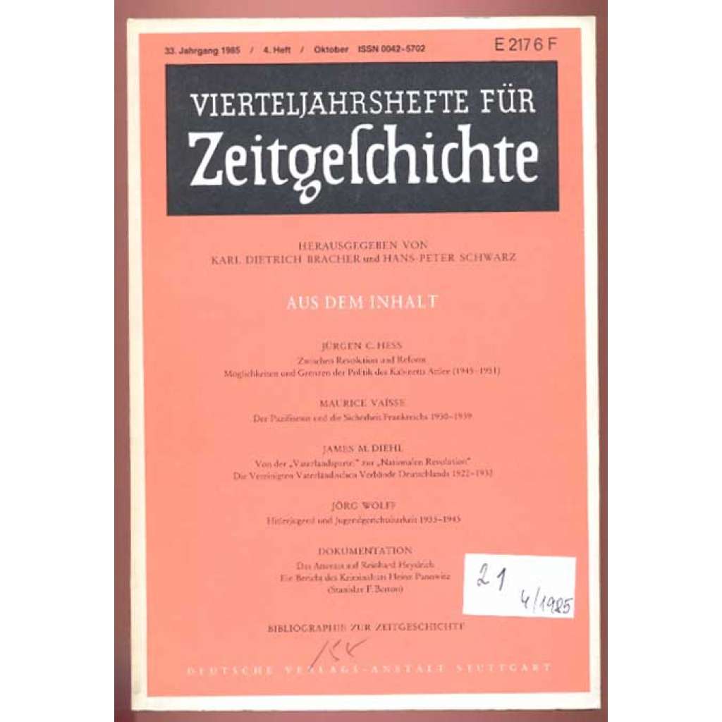 Vierteljahreshefte für Zeitgeschichte; 33. Jahrgang 1985, 4. Heft, Oktober [historie, historiografie, časopis]