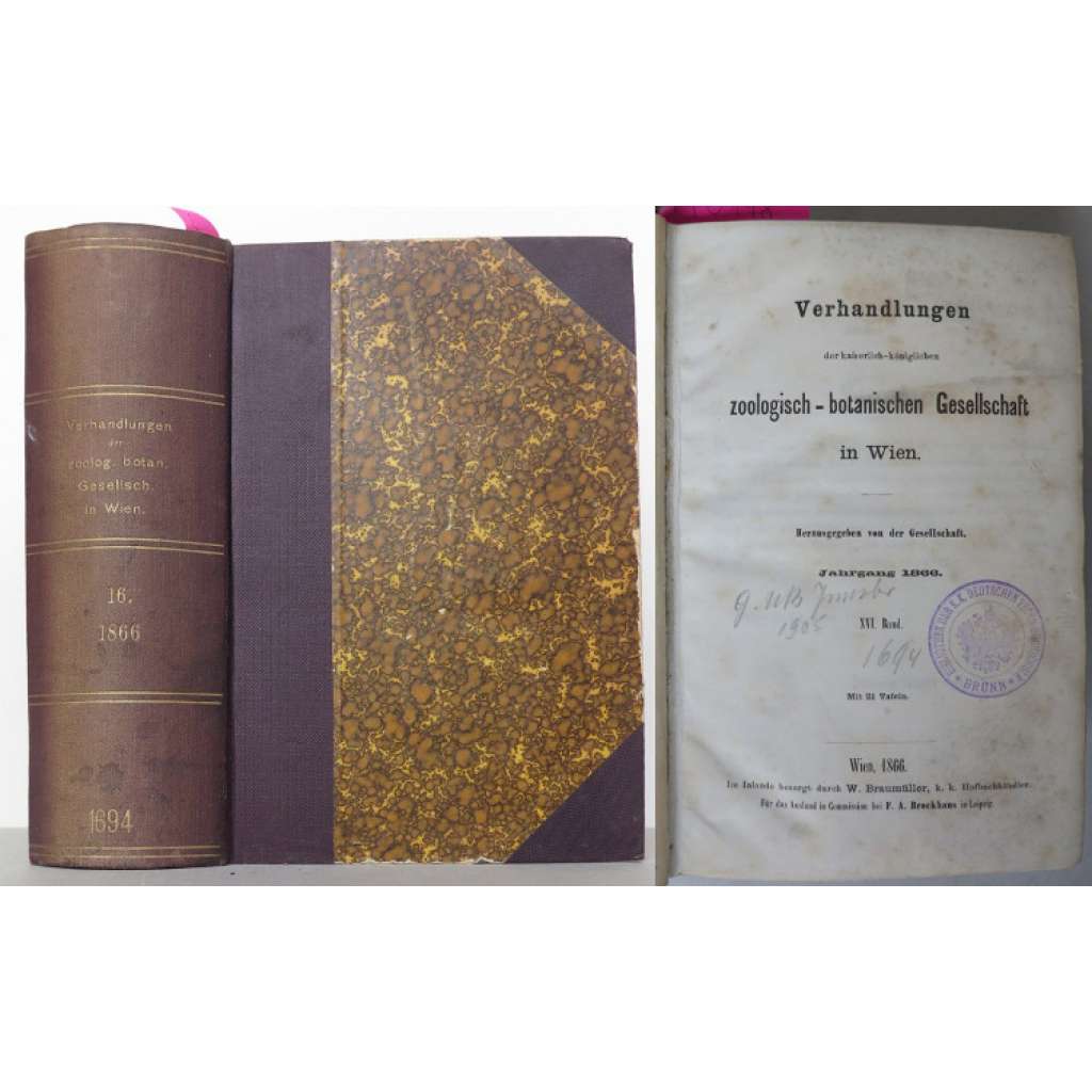 Verhandlungen der kaiserlich-königlichen zoologisch-botanischen Gesellschaft in Wien; Jahrgang 1866, XVI. Band. Mit 21 Tafeln [botanika, zoologie, biologie, odborný časopis]