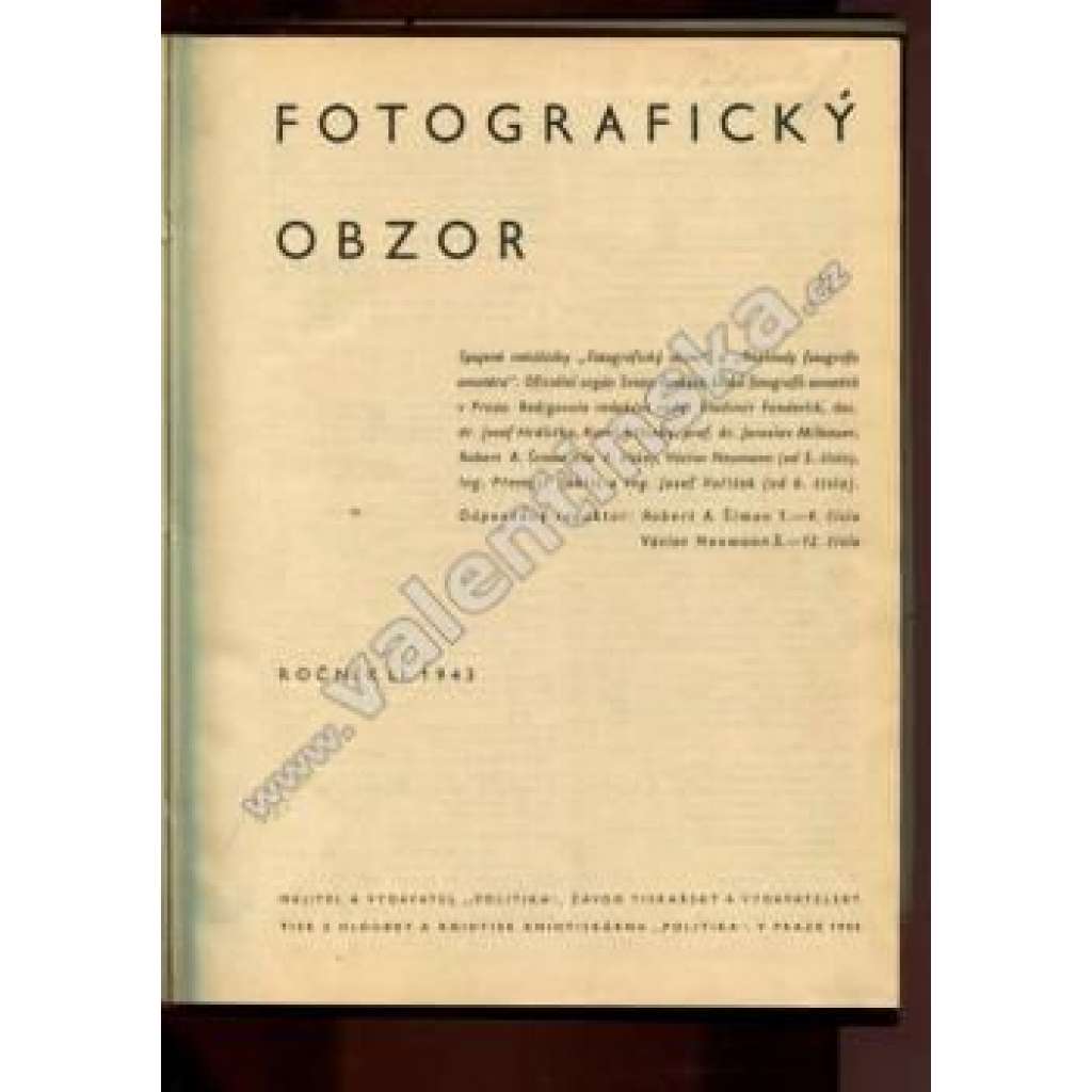 Fotografický obzor, ročník LI. 1943 (časopis, fotografie, protektorát, mj. Kontrasty v obraze, Vlastivědná fotografie, O diapositivu; fotografie P. Koblic, J. Otto)