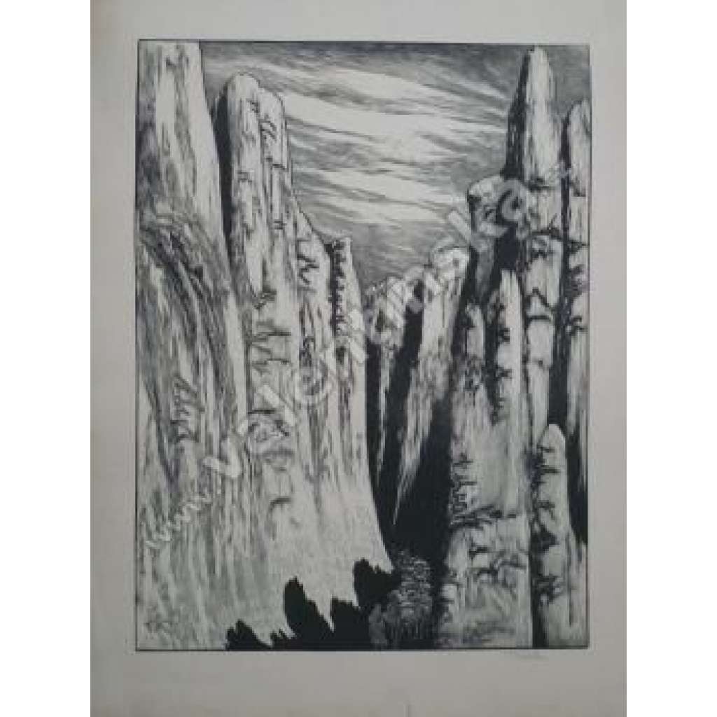 Karavana ve skalách, dřevoryt, podpis, František Kobliha (1877 - 1962)