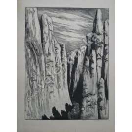 Karavana ve skalách, dřevoryt, podpis, František Kobliha (1877 - 1962)